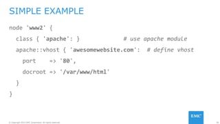 26© Copyright 2015 EMC Corporation. All rights reserved.
node 'www2' {
class { 'apache': } # use apache module
apache::vhost { 'awesomewebsite.com': # define vhost
port => '80',
docroot => '/var/www/html'
}
}
SIMPLE EXAMPLE
 