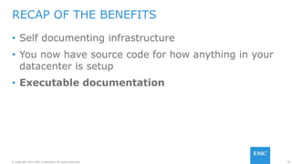 45© Copyright 2015 EMC Corporation. All rights reserved.
• Self documenting infrastructure
• You now have source code for how anything in your
datacenter is setup
• Executable documentation
RECAP OF THE BENEFITS
 