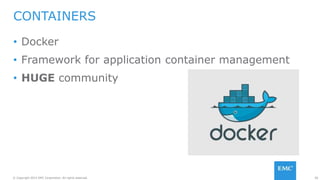 50© Copyright 2015 EMC Corporation. All rights reserved.
• Docker
• Framework for application container management
• HUGE community
CONTAINERS
 