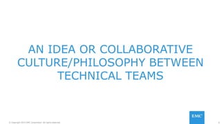 6© Copyright 2015 EMC Corporation. All rights reserved.
AN IDEA OR COLLABORATIVE
CULTURE/PHILOSOPHY BETWEEN
TECHNICAL TEAMS
 