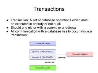 Transactions
● Transaction: A set of database operations which must
be executed in entirety or not at all
● Should end either with a commit or a rollback
● All communication with a database has to occur inside a
transaction!
Transaction begins
Operation A: INSERT INTO...
Operation B: INSERT INTO...
Transaction commit
(SUCCESS)
(ERROR)
Transaction rollback
 