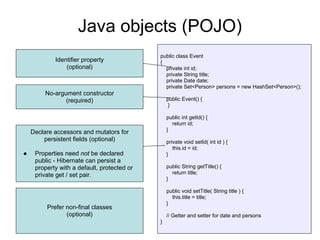 Java objects (POJO)
public class Event
{
private int id;
private String title;
private Date date;
private Set<Person> persons = new HashSet<Person>();
public Event() {
}
public int getId() {
return id;
}
private void setId( int id ) {
this.id = id;
}
public String getTitle() {
return title;
}
public void setTitle( String title ) {
this.title = title;
}
// Getter and setter for date and persons
}
Declare accessors and mutators for
persistent fields (optional)
● Properties need not be declared
public - Hibernate can persist a
property with a default, protected or
private get / set pair.
No-argument constructor
(required)
Identifier property
(optional)
Prefer non-final classes
(optional)
 