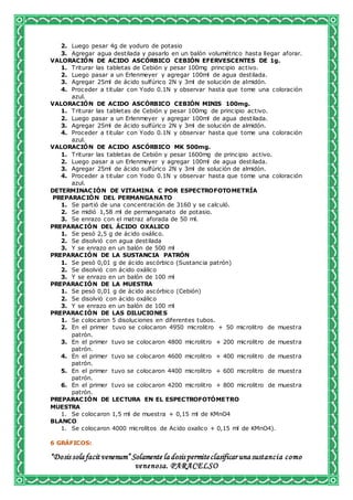 “Dosis sola facit venenum” Solamente la dosis permiteclasificar una sustancia como
venenosa. PARACELSO
2. Luego pesar 4g de yoduro de potasio
3. Agregar agua destilada y pasarlo en un balón volumétrico hasta llegar aforar.
VALORACIÓN DE ACIDO ASCÓRBICO CEBIÓN EFERVESCENTES DE 1g.
1. Triturar las tabletas de Cebión y pesar 100mg principio activo.
2. Luego pasar a un Erlenmeyer y agregar 100ml de agua destilada.
3. Agregar 25ml de ácido sulfúrico 2N y 3ml de solución de almidón.
4. Proceder a titular con Yodo 0.1N y observar hasta que tome una coloración
azul.
VALORACIÓN DE ACIDO ASCÓRBICO CEBIÓN MINIS 100mg.
1. Triturar las tabletas de Cebión y pesar 100mg de principio activo.
2. Luego pasar a un Erlenmeyer y agregar 100ml de agua destilada.
3. Agregar 25ml de ácido sulfúrico 2N y 3ml de solución de almidón.
4. Proceder a titular con Yodo 0.1N y observar hasta que tome una coloración
azul.
VALORACIÓN DE ACIDO ASCÓRBICO MK 500mg.
1. Triturar las tabletas de Cebión y pesar 1600mg de principio activo.
2. Luego pasar a un Erlenmeyer y agregar 100ml de agua destilada.
3. Agregar 25ml de ácido sulfúrico 2N y 3ml de solución de almidón.
4. Proceder a titular con Yodo 0.1N y observar hasta que tome una coloración
azul.
DETERMINACIÓN DE VITAMINA C POR ESPECTROFOTOMETRÍA
PREPARACIÓN DEL PERMANGANATO
1. Se partió de una concentración de 3160 y se calculó.
2. Se midió 1,58 ml de permanganato de potasio.
3. Se enrazo con el matraz aforada de 50 ml.
PREPARACIÓN DEL ÁCIDO OXALICO
1. Se pesó 2,5 g de ácido oxálico.
2. Se disolvió con agua destilada
3. Y se enrazo en un balón de 500 ml
PREPARACIÓN DE LA SUSTANCIA PATRÓN
1. Se pesó 0,01 g de ácido ascórbico (Sustancia patrón)
2. Se disolvió con ácido oxálico
3. Y se enrazo en un balón de 100 ml
PREPARACIÓN DE LA MUESTRA
1. Se pesó 0,01 g de ácido ascórbico (Cebión)
2. Se disolvió con ácido oxálico
3. Y se enrazo en un balón de 100 ml
PREPARACIÓN DE LAS DILUCIONES
1. Se colocaron 5 disoluciones en diferentes tubos.
2. En el primer tuvo se colocaron 4950 microlitro + 50 microlitro de muestra
patrón.
3. En el primer tuvo se colocaron 4800 microlitro + 200 microlitro de muestra
patrón.
4. En el primer tuvo se colocaron 4600 microlitro + 400 microlitro de muestra
patrón.
5. En el primer tuvo se colocaron 4400 microlitro + 600 microlitro de muestra
patrón.
6. En el primer tuvo se colocaron 4200 microlitro + 800 microlitro de muestra
patrón.
PREPARACIÓN DE LECTURA EN EL ESPECTROFOTÓMETRO
MUESTRA
1. Se colocaron 1,5 ml de muestra + 0,15 ml de KMnO4
BLANCO
1. Se colocaron 4000 microlitos de Acido oxalico + 0,15 ml de KMnO4).
6 GRÁFICOS:
 