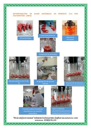 “Dosis sola facit venenum” Solamente la dosis permiteclasificar una sustancia como
venenosa. PARACELSO
DETERMINACIÓN DE ACIDO ASCÓRBICO EN PIMIENTO #14 POR
VOLTAMETRÍA LINEAL
Pimientos Rojos
Cortes para procesar
Extracto de los pimientos
tojos
Método de
trituración
Solucion patrón 5, 12, 17, 25,
35
Se agrega 5ml de ají a los
balones
Tapar los balones
volumétricosparaevitarla
oxidaciónde lavitaminaC
Proceder a aforar los balones
volumétricos con solución
electrolítica
Dilución de los extractos en
diferentes concentraciones
 