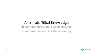 23
Annihilate Tribal Knowledge
documentation is stale upon creation
configurations are self documenting
 