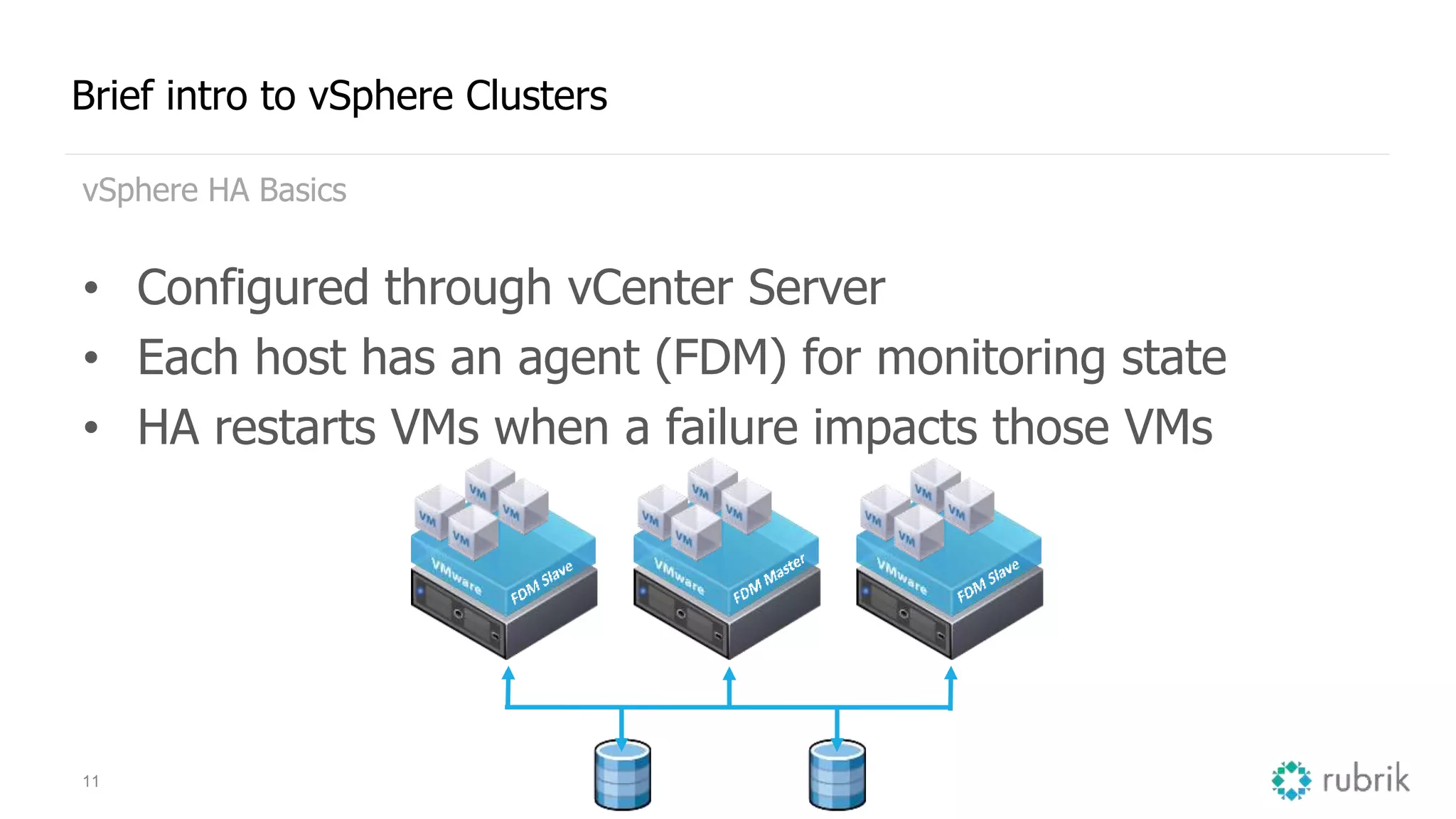 11
Brief intro to vSphere Clusters
vSphere HA Basics
• Configured through vCenter Server
• Each host has an agent (FDM) for monitoring state
• HA restarts VMs when a failure impacts those VMs
 
