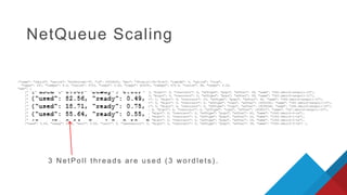 NetQueue Scaling
{"name": "vmnic0", "switch": "DvsPortset-0", "id": 33554435, "mac": "38:ea:a7:36:78:8c", "rxmode": 0, "uplink": "true",
"txpps": 247, "txmbps": 9.4, "txsize": 4753, "txeps": 0.00, "rxpps": 624291, "rxmbps": 479.9, "rxsize": 96, "rxeps": 0.00,
"wdt": [
{"used": 0.00, "ready": 0.00, "wait": 41.12, "runct": 0, "remoteactct": 0, "migct": 0, "overrunct": 0, "afftype": "pcpu", "affval": 39, "name": "242.vmnic0-netpoll-10"},
{"used": 0.00, "ready": 0.00, "wait": 41.12, "runct": 0, "remoteactct": 0, "migct": 0, "overrunct": 0, "afftype": "pcpu", "affval": 39, "name": "243.vmnic0-netpoll-11"},
{"used": 82.56, "ready": 0.49, "wait": 16.95, "runct": 8118, "remoteactct": 1, "migct": 9, "overrunct": 33, "afftype": "pcpu", "affval": 45, "name": "244.vmnic0-netpoll-12"},
{"used": 18.71, "ready": 0.75, "wait": 80.54, "runct": 6494, "remoteactct": 0, "migct": 0, "overrunct": 0, "afftype": "vcpu", "affval": 19302041, "name": "245.vmnic0-netpoll-13"},
{"used": 55.64, "ready": 0.55, "wait": 43.81, "runct": 7491, "remoteactct": 0, "migct": 4, "overrunct": 5, "afftype": "vcpu", "affval": 19299346, "name": "246.vmnic0-netpoll-14"},
{"used": 0.14, "ready": 0.10, "wait": 99.48, "runct": 197, "remoteactct": 6, "migct": 6, "overrunct": 0, "afftype": "vcpu", "affval": 19290577, "name": "247.vmnic0-netpoll-15"},
{"used": 0.00, "ready": 0.00, "wait": 0.00, "runct": 0, "remoteactct": 0, "migct": 0, "overrunct": 0, "afftype": "pcpu", "affval": 45, "name": "1242.vmnic0-0-tx"},
{"used": 0.00, "ready": 0.00, "wait": 0.00, "runct": 0, "remoteactct": 0, "migct": 0, "overrunct": 0, "afftype": "pcpu", "affval": 22, "name": "1243.vmnic0-1-tx"},
{"used": 0.00, "ready": 0.00, "wait": 0.00, "runct": 0, "remoteactct": 0, "migct": 0, "overrunct": 0, "afftype": "pcpu", "affval": 24, "name": "1244.vmnic0-2-tx"},
{"used": 0.00, "ready": 0.00, "wait": 0.00, "runct": 0, "remoteactct": 0, "migct": 0, "overrunct": 0, "afftype": "pcpu", "affval": 39, "name": "1245.vmnic0-3-tx"} ],
3 NetPoll threads are us ed (3 wordlets ) .
 