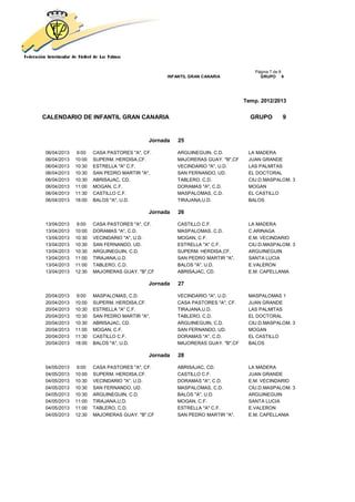 Página 7 de 8
                                                INFANTIL GRAN CANARIA              GRUPO 9




                                                                             Temp. 2012/2013


CALENDARIO DE INFANTIL GRAN CANARIA                                            GRUPO         9


                                          Jornada   25

06/04/2013   9:00    CASA PASTORES "A", CF.         ARGUINEGUIN, C.D.         LA MADERA
06/04/2013   10:00   SUPERM. HERDISA,CF.            MAJORERAS GUAY. "B",CF    JUAN GRANDE
06/04/2013   10:30   ESTRELLA "A" C.F.              VECINDARIO "A", U.D.      LAS PALMITAS
06/04/2013   10:30   SAN PEDRO MARTIR "A",          SAN FERNANDO, UD.         EL DOCTORAL
06/04/2013   10:30   ABRISAJAC, CD.                 TABLERO, C.D.             CIU.D.MASPALOM. 3
06/04/2013   11:00   MOGAN, C.F.                    DORAMAS "A", C.D.         MOGAN
06/04/2013   11:30   CASTILLO C.F.                  MASPALOMAS, C.D.          EL CASTILLO
06/04/2013   18:00   BALOS "A", U.D.                TIRAJANA,U.D.             BALOS

                                          Jornada   26

13/04/2013   9:00    CASA PASTORES "A", CF.         CASTILLO C.F.             LA MADERA
13/04/2013   10:00   DORAMAS "A", C.D.              MASPALOMAS, C.D.          C.ARINAGA
13/04/2013   10:30   VECINDARIO "A", U.D.           MOGAN, C.F.               E.M. VECINDARIO
13/04/2013   10:30   SAN FERNANDO, UD.              ESTRELLA "A" C.F.         CIU.D.MASPALOM. 3
13/04/2013   10:30   ARGUINEGUIN, C.D.              SUPERM. HERDISA,CF.       ARGUINEGUIN
13/04/2013   11:00   TIRAJANA,U.D.                  SAN PEDRO MARTIR "A",     SANTA LUCIA
13/04/2013   11:00   TABLERO, C.D.                  BALOS "A", U.D.           E.VALERON
13/04/2013   12:30   MAJORERAS GUAY. "B",CF         ABRISAJAC, CD.            E.M. CAPELLANIA

                                          Jornada   27

20/04/2013   9:00    MASPALOMAS, C.D.               VECINDARIO "A", U.D.      MASPALOMAS 1
20/04/2013   10:00   SUPERM. HERDISA,CF.            CASA PASTORES "A", CF.    JUAN GRANDE
20/04/2013   10:30   ESTRELLA "A" C.F.              TIRAJANA,U.D.             LAS PALMITAS
20/04/2013   10:30   SAN PEDRO MARTIR "A",          TABLERO, C.D.             EL DOCTORAL
20/04/2013   10:30   ABRISAJAC, CD.                 ARGUINEGUIN, C.D.         CIU.D.MASPALOM. 3
20/04/2013   11:00   MOGAN, C.F.                    SAN FERNANDO, UD.         MOGAN
20/04/2013   11:30   CASTILLO C.F.                  DORAMAS "A", C.D.         EL CASTILLO
20/04/2013   18:00   BALOS "A", U.D.                MAJORERAS GUAY. "B",CF    BALOS

                                          Jornada   28

04/05/2013   9:00    CASA PASTORES "A", CF.         ABRISAJAC, CD.            LA MADERA
04/05/2013   10:00   SUPERM. HERDISA,CF.            CASTILLO C.F.             JUAN GRANDE
04/05/2013   10:30   VECINDARIO "A", U.D.           DORAMAS "A", C.D.         E.M. VECINDARIO
04/05/2013   10:30   SAN FERNANDO, UD.              MASPALOMAS, C.D.          CIU.D.MASPALOM. 3
04/05/2013   10:30   ARGUINEGUIN, C.D.              BALOS "A", U.D.           ARGUINEGUIN
04/05/2013   11:00   TIRAJANA,U.D.                  MOGAN, C.F.               SANTA LUCIA
04/05/2013   11:00   TABLERO, C.D.                  ESTRELLA "A" C.F.         E.VALERON
04/05/2013   12:30   MAJORERAS GUAY. "B",CF         SAN PEDRO MARTIR "A",     E.M. CAPELLANIA
 