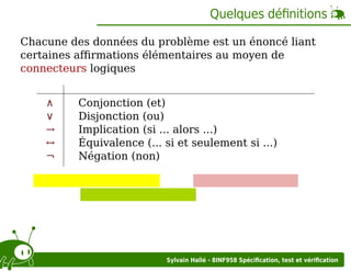 Quelques déﬁnitions
Chacune des données du problème est un énoncé liant
certaines aﬃrmations élémentaires au moyen de
connecteurs logiques
∧
∨
→
↔
¬

Conjonction (et)
Disjonction (ou)
Implication (si ... alors ...)
Équivalence (... si et seulement si ...)
Négation (non)

Sylvain Hallé - 8INF958 Spéciﬁcation, test et vériﬁcation

 