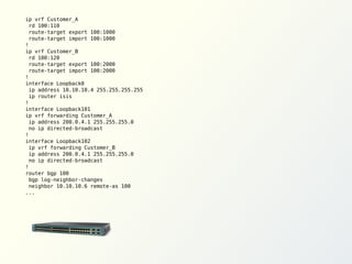 ip vrf Customer_A
rd 100:110
route-target export 100:1000
route-target import 100:1000
!
ip vrf Customer_B
rd 100:120
route-target export 100:2000
route-target import 100:2000
!
interface Loopback0
ip address 10.10.10.4 255.255.255.255
ip router isis
!
interface Loopback101
ip vrf forwarding Customer_A
ip address 200.0.4.1 255.255.255.0
no ip directed-broadcast
!
interface Loopback102
ip vrf forwarding Customer_B
ip address 200.0.4.1 255.255.255.0
no ip directed-broadcast
!
router bgp 100
bgp log-neighbor-changes
neighbor 10.10.10.6 remote-as 100
...

 