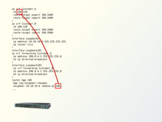 ip vrf Customer_A
rd 100:110
route-target export 100:1000
route-target import 100:1000
!
ip vrf Customer_B
rd 100:120
route-target export 100:2000
route-target import 100:2000
!
interface Loopback0
ip address 10.10.10.4 255.255.255.255
ip router isis
!
interface Loopback101
ip vrf forwarding Customer_A
ip address 200.0.4.1 255.255.255.0
no ip directed-broadcast
!
interface Loopback102
ip vrf forwarding Customer_B
ip address 200.0.4.1 255.255.255.0
no ip directed-broadcast
!
router bgp 100
bgp log-neighbor-changes
neighbor 10.10.10.6 remote-as 100
...

 