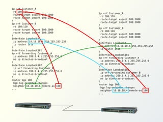 ip vrf Customer_A
rd 100:110
route-target export 100:1000
route-target import 100:1000
!
ip vrf Customer_B
rd 100:120
route-target export 100:2000
route-target import 100:2000
!
interface Loopback0
ip address 10.10.10.4 255.255.255.255
ip router isis
!
interface Loopback101
ip vrf forwarding Customer_A
ip address 200.0.4.1 255.255.255.0
no ip directed-broadcast
!
interface Loopback102
ip vrf forwarding Customer_B
ip address 200.0.4.1 255.255.255.0
no ip directed-broadcast
!
router bgp 100
bgp log-neighbor-changes
neighbor 10.10.10.6 remote-as 100
...

ip vrf Customer_A
rd 100:110
route-target export 100:1000
route-target import 100:1000
!
ip vrf Customer_B
rd 100:120
route-target export 100:2000
route-target import 100:2000
!
interface Loopback0
ip address 10.10.10.6 255.255.255.255
ip router isis
!
interface Loopback101
ip vrf forwarding Customer_A
ip address 200.0.4.1 255.255.255.0
no ip directed-broadcast
!
interface Loopback102
ip vrf forwarding Customer_B
ip address 200.0.4.1 255.255.255.0
no ip directed-broadcast
!
router bgp 100
bgp log-neighbor-changes
neighbor 10.10.10.4 remote-as 100
...

 