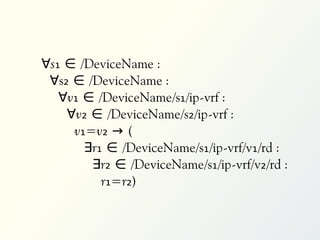 ∀s₁ ∈ /DeviceName :
∀s₂ ∈ /DeviceName :
∀v₁ ∈ /DeviceName/s₁/ip-vrf :
∀v₂ ∈ /DeviceName/s₂/ip-vrf :
v₁=v₂ → (
∃r₁ ∈ /DeviceName/s₁/ip-vrf/v₁/rd :
∃r₂ ∈ /DeviceName/s₁/ip-vrf/v₂/rd :
r₁=r₂)

 