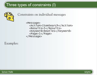Three types of constraints (I)
Constraints on individual messages
<Message>
<Action>ItemSearch</Action>
<Results>5</Results>
<Keyword>beatles</Keyword>
<Page>1</Page>
</Message>

Examples:

Sylvain Hallé

 