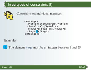 Three types of constraints (I)
Constraints on individual messages
<Message>
<Action>ItemSearch</Action>
<Results>5</Results>
<Keyword>beatles</Keyword>
<Page>1</Page>
</Message>

Examples:

1. The element Page must be an integer between 1 and 20."
/M

Sylvain Hallé

 