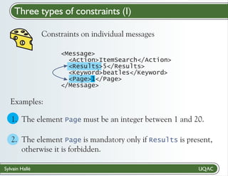 Three types of constraints (I)
Constraints on individual messages
<Message>
<Action>ItemSearch</Action>
<Results>5</Results>
<Keyword>beatles</Keyword>
<Page>1</Page>
</Message>

Examples:

1. The element Page must be an integer between 1 and 20."
/M
2. The element Page is mandatory only if Results is present,
otherwise it is forbidden.
Sylvain Hallé

 