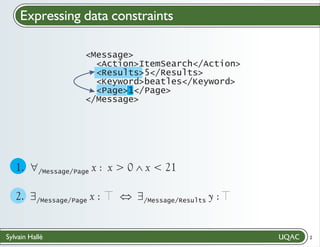 Expressing data constraints
<Message>
<Action>ItemSearch</Action>
<Results>5</Results>
<Keyword>beatles</Keyword>
<Page>1</Page>
</Message>

1. " x : x > 0 Ù
x < 21
/Message/Page
2. $
/Message/Page x :

Sylvain Hallé

Û
$
/Message/Results y :

2

 