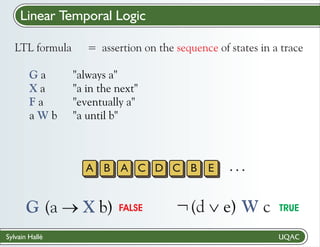 Linear Temporal Logic
LTL formula
Ga
Xa
Fa
aWb

= assertion on the sequence of states in a trace
"always a"
"a in the next"
"eventually a"
"a until b"

A B A C D C B E

G (a ®
X b) FALSE
Sylvain Hallé

...

ØW c
(d Ú
e)

TRUE

 