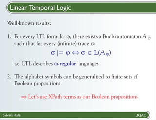 Linear Temporal Logic
Well-known results:

1. For every LTL formula jexists a Büchi automaton A j
, there
such that for every (infinite) trace s
:

s sj
| j L(A )
= Û
Î
-regular
i.e. LTL describes w languages
2. The alphabet symbols can be generalized to finite sets of
Boolean propositions
Þ
Let’s use XPath terms as our Boolean propositions

Sylvain Hallé

 
