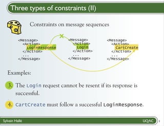 Three types of constraints (II)
Constraints on message sequences
<Message>
<Action>
LoginResponse
</Action>
...
</Message>

X

<Message>
<Action>
Login
</Action>
...
</Message>

<Message>
<Action>
CartCreate
</Action>
...
</Message>

Examples:
3. The Login request cannot be resent if its response is"
/
successful."
/
.

4. CartCreate must follow a successful LoginResponse."
/
Sylvain Hallé

2

 