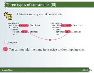 Three types of constraints (III)
Data-aware sequential constraints
<Message>
<Action>CartAdd</Action>
<Items>
<Item>
<ItemId>567</ItemId>
...

Examples:

<Message>
<Action>CartAdd</Action>
<Items>
<Item>
<ItemId>567</ItemId>
...

X

6. You cannot add the same item twice to the shopping cart."
/

Sylvain Hallé

2

 