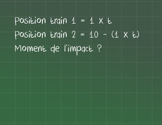 Position train 1 = 1 x t
Position train 2 = 10 - (1 x t)
Moment de l'impact ?

 