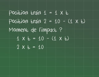Position train 1 = 1 x t
Position train 2 = 10 - (1 x t)
Moment de l'impact ?
1 x t = 10 - (1 x t)
2 x t = 10

 