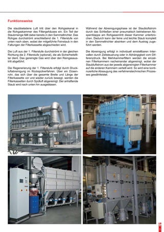 Funktionsweise 
Die staubbeladene Luft tritt über den Rohgaskanal in 
die Rohgaskammer des Filtergehäuses ein. Ein Teil der 
Staubmenge fällt dabei bereits in den Sammeltrichter. Das 
Rohgas durchströmt anschließend die 1. Filterstufe von 
unten nach oben, wobei der mitgeführte Feinstaub in den 
Faltungen der Filterkassette abgeschieden wird. 
Die Luft aus der 1. Filterstufe durchströmt in der gleichen 
Richtung die 2. Filterstufe (optional), die als Sicherheitsfil-ter 
dient. Das gereinigte Gas wird über den Reingasaus-tritt 
abgeführt. 
Die Regenerierung der 1. Filterstufe erfolgt durch Druck-luftabreinigung 
im Rückspülverfahren. Über ein Düsen-rohr, 
das sich über die gesamte Breite und Länge der 
Filterkassette vor und wieder zurück bewegt, werden die 
Filterkassetten durch Spülluft abgereinigt. Der anhaftende 
Staub wird nach unten hin ausgeblasen. 
Während der Abreinigungsphase ist der Staubluftstrom 
durch das Schließen einer pneumatisch betriebenen Ab-sperrklappe 
am Rohgaseintritt dieser Kammer unterbro-chen. 
Dadurch kann der feine und leichte Staub komplett 
in den Sammeltrichter absinken und dem Austrag zuge-führt 
werden. 
Die Abreinigung erfolgt in individuell einstellbaren Inter-vallen 
durch Zeitsteuerung oder in Abhängigkeit vom Dif-ferenzdruck. 
Bei Mehrkammerfiltern werden die einzel-nen 
Filterkammern nacheinander abgereinigt, wobei der 
Staubluftstrom aus der jeweils abgereinigten Filterkammer 
auf die anderen Kammern verteilt wird. So wird eine konti-nuierliche 
Absaugung des verfahrenstechnischen Prozes-ses 
gewährleistet. 
5 
 