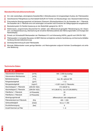Technische Daten 
MKR ./20-./20 
Volumenstrom Einkammer [m³/h] 500 - 2.000 (kurzzeitig) 
Volumenstrom Mehrkammer [m³/h] > 500 
Betriebstemperatur [º C] max. 80, optional 180 
Rohgasstaubgehalt [g/m³] < 1,5 
Reingasstaubgehalt [mg/m³] < 0,001 (nach 2. Filterstufe) 
Abscheidegrad 1. Filterstufe (DIN EN 1822) H13 (99,95 %) 
Abscheidegrad 2. Filterstufe (DIN EN 1822) H13 (99,95 %) - bis U15 (99,9995%) 
Filterfläche 1. Filterstufe [m²/Kassette] 20 
Filterfläche 2. Filterstufe [m²/Kassette] 20 
Abreinigungsintervall differenzdruck- oder zeitgesteuert 
Filterwiderstand pro Filterstufe [Pa] 400 - 1.200 
Gehäusefestigkeit [mbar] bis zu +/- 250 
Druckluftversorgung [bar] 6 
Anzahl Kammern je Filter 1 - 6 
6 
Standard-Konstruktionsmerkmale 
-- Ein- oder zweistufiges, abreinigbares Kassettenfilter in Modulbauweise mit reingasseitigem Ausbau der Filterkassetten 
-- Geschlossenes Filtergehäuse aus Normalstahl S235JR mit Trichter und Staubaustrags- bzw. Staubsammeleinrichtung 
-- Pneumatische Abreinigungseinheit mit fahrbarem Düsenarm (Rückspülverfahren) für die Kassetten der 1. Filterstufe. 
Die Kassetten der 2. Filterstufe sind nicht abreinigbar und werden nach Erreichen der Sättigungsgrenze ausgetauscht. 
-- Baukastensystem für flexible Anpassung an den Bedarfsfall, geeignet bis +80 ºC 
-- Elektronische, programmierte Steuereinheit für zeittakt- oder differenzdruck-geregelte Filterabreinigung inkl. Düsen-arm- 
und Klappensteuerung, Überwachung der einzelnen Betriebszustände über Näherungsschalter und Anzeige über 
Klartextdisplay 
-- Einsatz von Schwebstoff-Filterkassetten der Filterklasse H13 und höherwertig (HEPA), geprüft nach DIN EN 1822 
-- Filterkassetten in kompakter Bauweise mit MDF-Rahmen ermöglichen einfache Handhabung und thermische Abfallbe-handlung 
(Sondermüllverbrennung) 
-- Dichtsitzprüfeinrichtung für jede Filterkassette 
-- Minimale Stillstandzeiten sowie geringe Betriebs- und Wartungskosten aufgrund höchster Zuverlässigkeit und einfa-cher 
Bedienung 
 