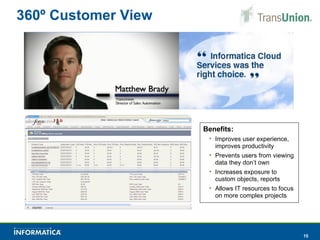 360º Customer View Benefits: Improves user experience, improves productivity Prevents users from viewing data they don’t own Increases exposure to custom objects, reports Allows IT resources to focus on more complex projects 