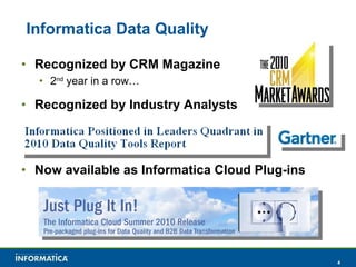 Informatica Data Quality  Recognized by CRM Magazine 2 nd  year in a row… Recognized by Industry Analysts Now available as Informatica Cloud Plug-ins 