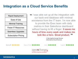 Integration as a Cloud Service Benefits Rapid Deployment Ease of Use Minimal Training Fewer IT Resources Seamless Upgrades Subscription Pricing 