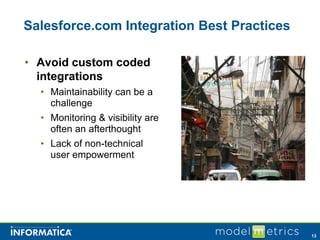Salesforce.com Integration Best Practices

• Avoid custom coded
  integrations
  • Maintainability can be a
    challenge
  • Monitoring & visibility are
    often an afterthought
  • Lack of non-technical
    user empowerment




                                            13
 