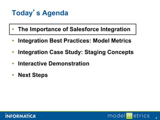 Today’s Agenda

• The Importance of Salesforce Integration
• Integration Best Practices: Model Metrics
• Integration Case Study: Staging Concepts
• Interactive Demonstration
• Next Steps




                                              2
 