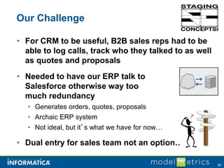 Our Challenge

• For CRM to be useful, B2B sales reps had to be
  able to log calls, track who they talked to as well
  as quotes and proposals
• Needed to have our ERP talk to
  Salesforce otherwise way too
  much redundancy
   • Generates orders, quotes, proposals
   • Archaic ERP system
   • Not ideal, but it’s what we have for now…

• Dual entry for sales team not an option…

                                                        21
 