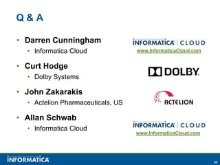 Q&A

• Darren Cunningham
  • Informatica Cloud              www.InformaticaCloud.com


• Curt Hodge
  • Dolby Systems

• John Zakarakis
  • Actelion Pharmaceuticals, US

• Allan Schwab
  • Informatica Cloud
                                   www.InformaticaCloud.com




                                                              22
 