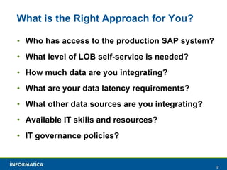 What is the Right Approach for You? Who has access to the production SAP system? What level of LOB self-service is needed? How much data are you integrating? What are your data latency requirements? What other data sources are you integrating? Available IT skills and resources? IT governance policies? 
