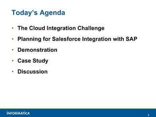 Today’s Agenda The Cloud Integration Challenge Planning for Salesforce Integration with SAP Demonstration Case Study Discussion 