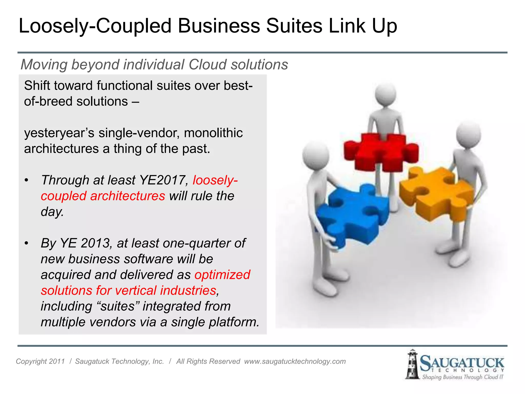 Loosely-Coupled Business Suites Link Up
 Moving beyond individual Cloud solutions
  Shift toward functional suites over best-
  of-breed solutions –

  yesteryear’s single-vendor, monolithic
  architectures a thing of the past.

  • Through at least YE2017, loosely-
    coupled architectures will rule the
    day.

  • By YE 2013, at least one-quarter of
    new business software will be
    acquired and delivered as optimized
    solutions for vertical industries,
    including “suites” integrated from
    multiple vendors via a single platform.

Copyright 2011 ǀ Saugatuck Technology, Inc. ǀ All Rights Reserved www.saugatucktechnology.com
 