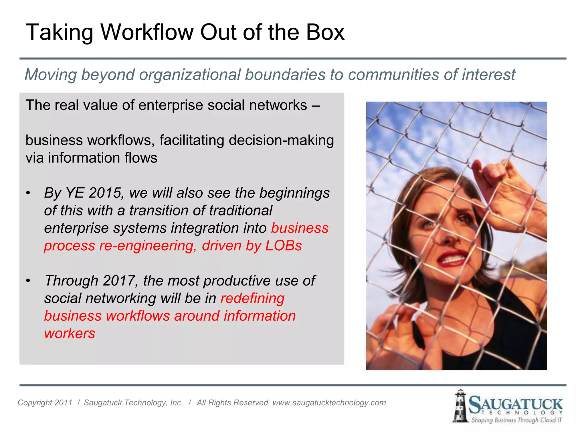 Taking Workflow Out of the Box
 Moving beyond organizational boundaries to communities of interest
  The real value of enterprise social networks –

  business workflows, facilitating decision-making
  via information flows

  • By YE 2015, we will also see the beginnings
    of this with a transition of traditional
    enterprise systems integration into business
    process re-engineering, driven by LOBs

  • Through 2017, the most productive use of
    social networking will be in redefining
    business workflows around information
    workers



Copyright 2011 ǀ Saugatuck Technology, Inc. ǀ All Rights Reserved www.saugatucktechnology.com
 