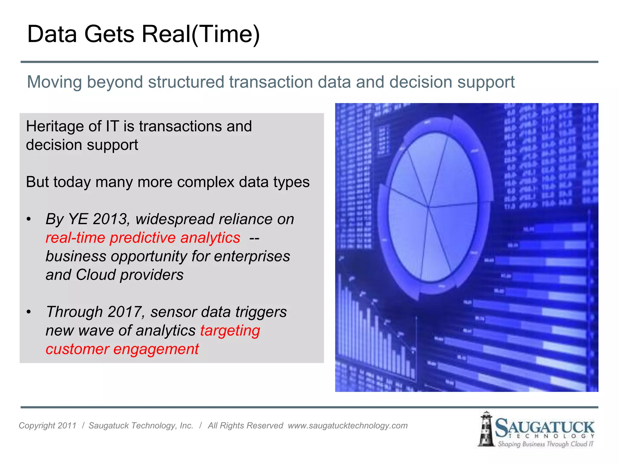 Data Gets Real(Time)
  Moving beyond structured transaction data and decision support

 Heritage of IT is transactions and
 decision support

 But today many more complex data types

 • By YE 2013, widespread reliance on
   real-time predictive analytics --
   business opportunity for enterprises
   and Cloud providers

 • Through 2017, sensor data triggers
   new wave of analytics targeting
   customer engagement



Copyright 2011 ǀ Saugatuck Technology, Inc. ǀ All Rights Reserved www.saugatucktechnology.com
 