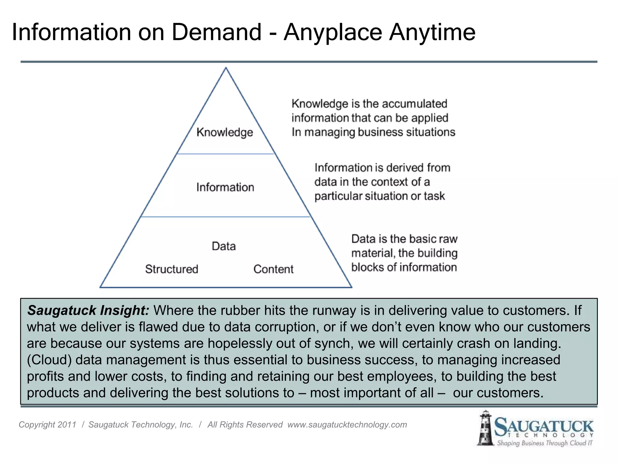 Information on Demand - Anyplace Anytime




  Saugatuck Insight: Where the rubber hits the runway is in delivering value to customers. If
  what we deliver is flawed due to data corruption, or if we don’t even know who our customers
  are because our systems are hopelessly out of synch, we will certainly crash on landing.
  (Cloud) data management is thus essential to business success, to managing increased
  profits and lower costs, to finding and retaining our best employees, to building the best
  products and delivering the best solutions to – most important of all – our customers.

Copyright 2011 ǀ Saugatuck Technology, Inc. ǀ All Rights Reserved www.saugatucktechnology.com
 