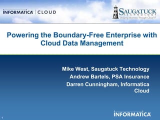 Powering the Boundary-Free Enterprise with
             Cloud Data Management


                   Mike West, Saugatuck Technology
                      Andrew Bartels, PSA Insurance
                    Darren Cunningham, Informatica
                                              Cloud



1
 