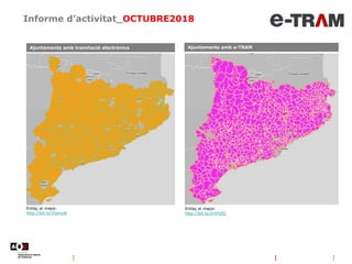 Informe d’activitat_OCTUBRE2018
Enllaç al mapa:
http://bit.ly/2ldmyiE
Enllaç al mapa:
http://bit.ly/2rVHj5C
Ajuntaments amb e-TRAMAjuntaments amb tramitació electrònica
 