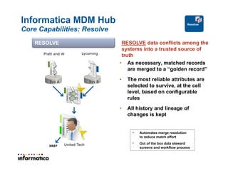 2222
Informatica MDM Hub
Core Capabilities: Resolve
• As necessary, matched records
are merged to a “golden record”
• The most reliable attributes are
selected to survive, at the cell
level, based on configurable
rules
• All history and lineage of
changes is kept
RESOLVE
United TechXREF
Pratt and W
Sys A
RESOLVE data conflicts among the
systems into a trusted source of
truthLycoming
Sys B
Resolve
• Automates merge resolution
to reduce match effort
• Out of the box data steward
screens and workflow process
 