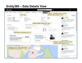 Entity360 – Data Details View
Callouts – Important, time-or context-
sensitive data surfaced to user
MDM Match Candidates list view
Related MDM Children list view
Callouts – Important, time-or context-
sensitive data surfaced to user
Images and rich media associated
with MDM Entity displayed in view
Data view
 
