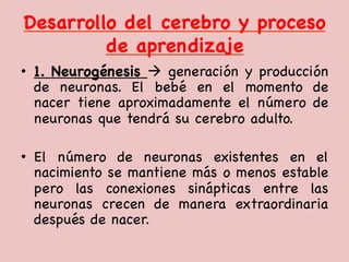 Desarrollo del cerebro y proceso
de aprendizaje

•  1. Neurogénesis à generación y producción
de neuronas. El bebé en el momento de
nacer tiene aproximadamente el número de
neuronas que tendrá su cerebro adulto. 

•  El número de neuronas existentes en el
nacimiento se mantiene más o menos estable
pero las conexiones sinápticas entre las
neuronas crecen de manera extraordinaria
después de nacer. 

 