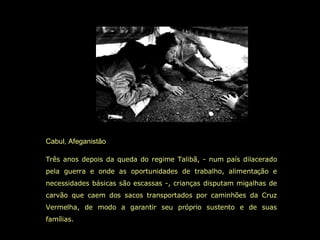 Cabul, Afeganistão Três anos depois da queda do regime Talibã, - num país dilacerado pela guerra e onde as oportunidades de trabalho, alimentação e necessidades básicas são escassas -, crianças disputam migalhas de carvão que caem dos sacos transportados por caminhões da Cruz Vermelha, de modo a garantir seu próprio sustento e de suas famílias.   