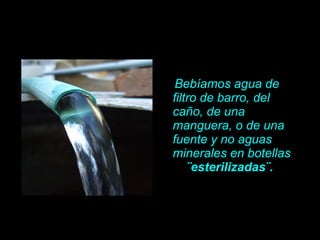 Bebíamos agua de filtro de barro, del ca ño , de una manguera, o de una fuente y no aguas minerales en botellas  ¨esterilizadas¨.   