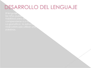 DESARROLLO DEL LENGUAJE
El lenguaje también se desarrolla con rapidez en la infancia intermedia
los niños pueden comprender e interpretar mejor las comunicaciones su
habilidad para definir palabras crecen y están en mejor capacidad de
comprenderse a si mismo.
La gramática : la estructura del lenguaje aunque a los 6 años hablan un
nivel sofisticado utilizan una gramática compleja y varios miles de
palabras.
 